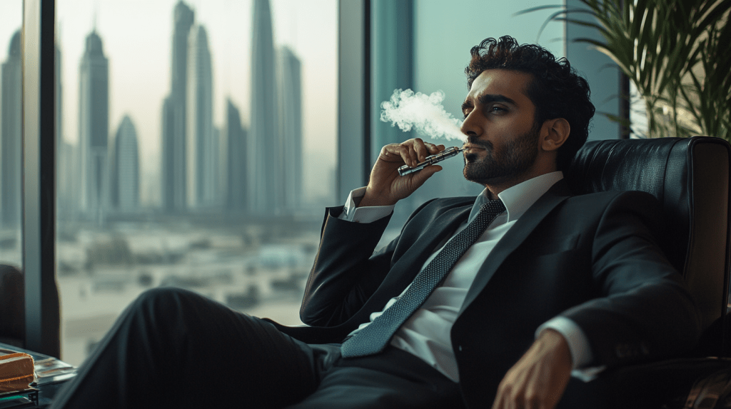 business meeting boardroom Dubai, executive secretly vaping, person subtle vape under desk - UAE Vaping Laws: E-Cigarettes in Offices Face Strict Regulations ...