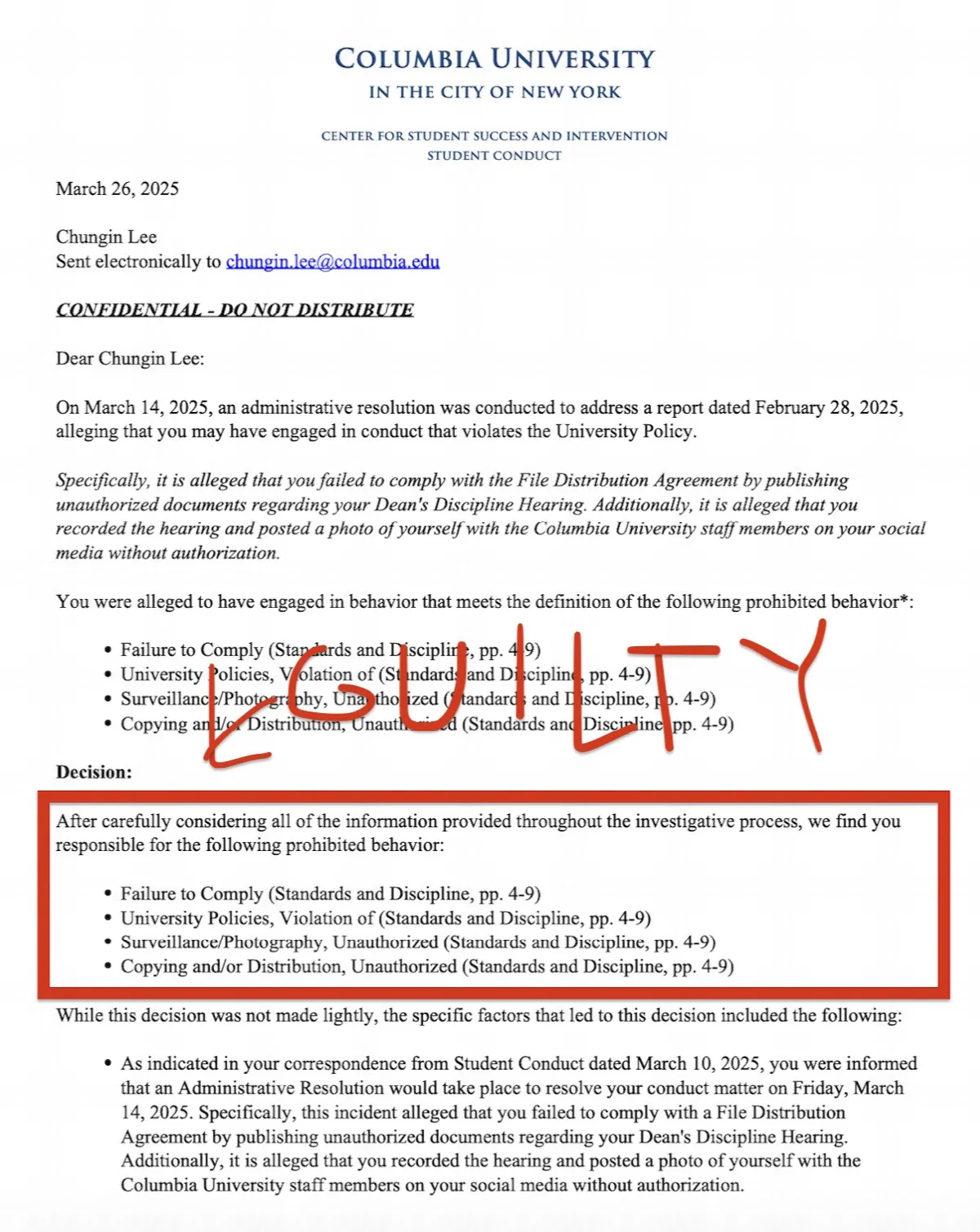 Columbia University Letter to Roy Lee