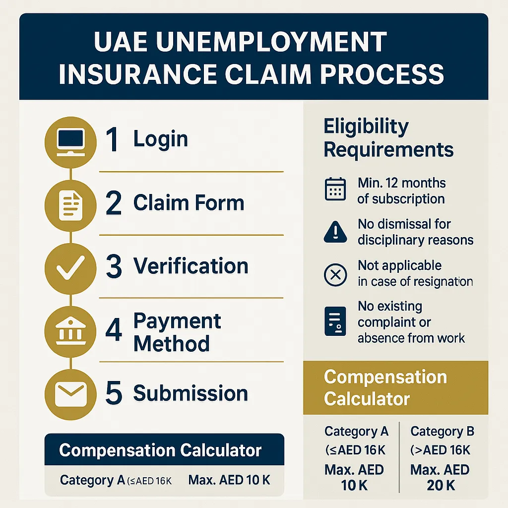 an infographic titled "UAE Unemployment Insurance Claim Process" with a clean, professional design using a blue and gold color scheme. The infographic should show 5 numbered steps flowing from top to bottom with simple icons for each step:
1. Login (computer/smartphone icon)
2. Claim Form (document icon)
3. Verification (checkmark icon)
4. Payment Method (bank/cash icon)
5. Submission (envelope icon)