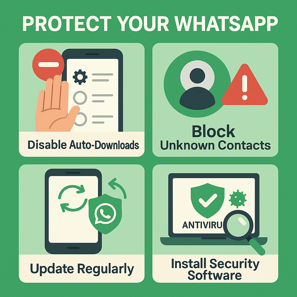 infographic titled "PROTECT YOUR WHATSAPP" with four clearly defined sections showing WhatsApp security measures: 1) A hand rejecting auto-downloads with a settings menu, 2) A blocked unknown contact with red warning symbol, 3) A phone with update arrows and shield icon, 4) A device with antivirus protection scanning for threats. Use a clean design with WhatsApp's green color scheme, warning red accents, and include text labels for each protection method: "Disable Auto-Downloads," "Block Unknown Contacts," "Update Regularly," and "Install Security Software." Make the design clear enough to read on mobile devices.