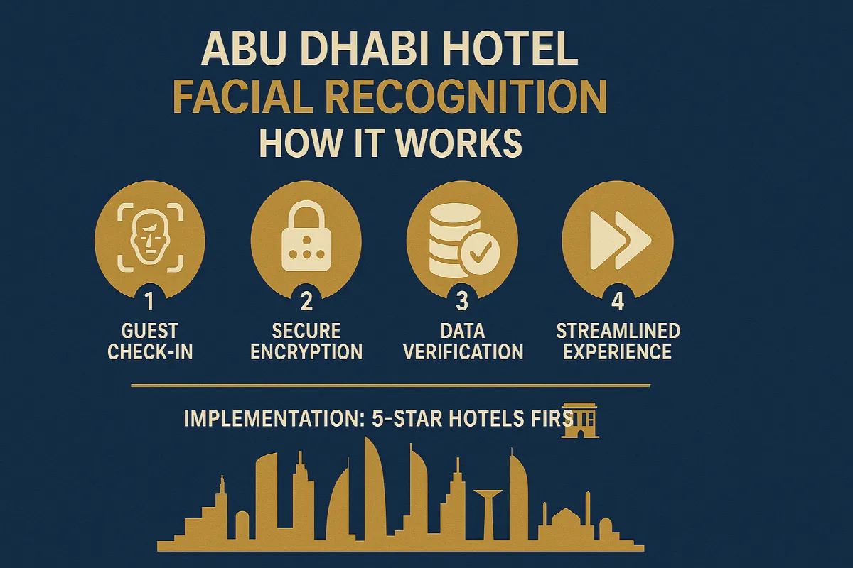 infographic titled "ABU DHABI HOTEL FACIAL RECOGNITION: HOW IT WORKS" with a clean, modern design using Abu Dhabi's tourism colors (gold, blue, and white). The image should show a step-by-step process using numbered icons: 1) "GUEST CHECK-IN" (camera icon scanning face), 2) "SECURE ENCRYPTION" (lock icon with data symbols), 3) "DATA VERIFICATION" (checkmark icon with database), 4) "STREAMLINED EXPERIENCE" (fast-forward icon with hotel key card). Include a simplified Abu Dhabi skyline silhouette at the bottom and the text "IMPLEMENTATION: 5-STAR HOTELS FIRST" with a small hotel icon. The design should be clean, professional and accessible on mobile devices.