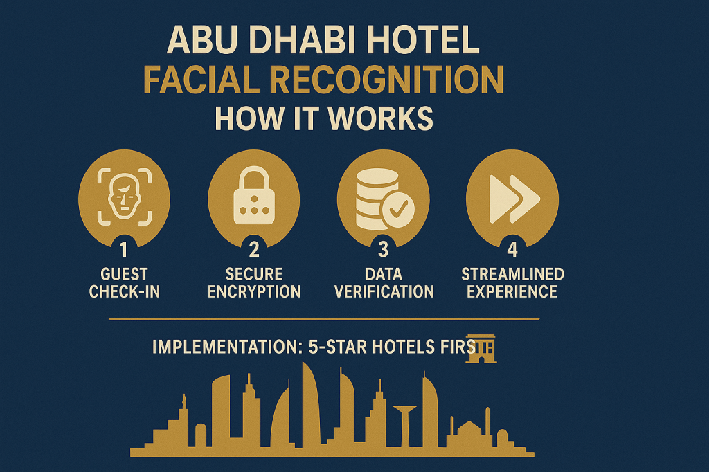 infographic titled "ABU DHABI HOTEL FACIAL RECOGNITION: HOW IT WORKS" with a clean, modern design using Abu Dhabi's tourism colors (gold, blue, and white). The image should show a step-by-step process using numbered icons: 1) "GUEST CHECK-IN" (camera icon scanning face), 2) "SECURE ENCRYPTION" (lock icon with data symbols), 3) "DATA VERIFICATION" (checkmark icon with database), 4) "STREAMLINED EXPERIENCE" (fast-forward icon with hotel key card). Include a simplified Abu Dhabi skyline silhouette at the bottom and the text "IMPLEMENTATION: 5-STAR HOTELS FIRST" with a small hotel icon. The design should be clean, professional and accessible on mobile devices.