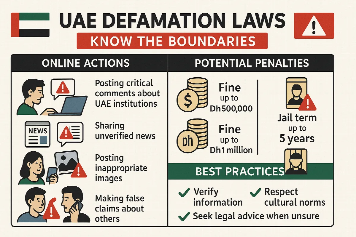 UAE Defamation Laws: Know the Boundaries" showing two columns - "Online Actions" and "Potential Penalties." The Online Actions column should include illustrated examples: posting critical comments about UAE institutions, sharing unverified news, posting inappropriate images, and making false claims about others. The Penalties column should show corresponding consequences with icons representing fines (up to Dh500,000 and Dh1 million) and jail terms (up to 5 years). Include a "Best Practices" section at bottom with checkmarks: verify information, respect cultural norms, seek legal advice when unsure. Use UAE flag colors (red, green, black, white) in a professional design suitable for a legal information website. Add appropriate warning symbols and make it visually clear without being alarmist.