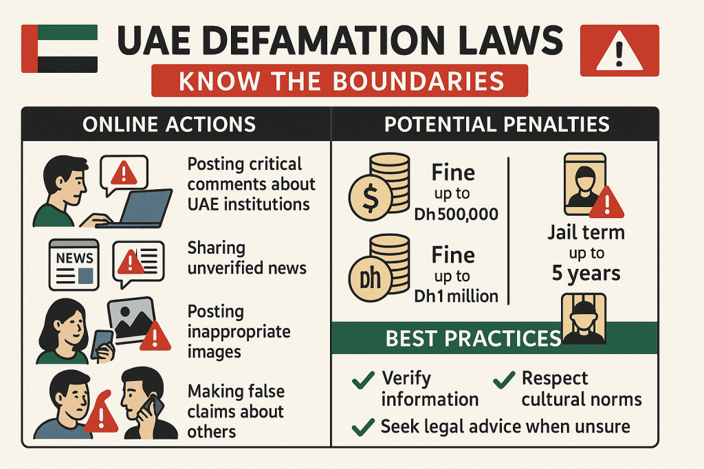 UAE Defamation Laws: Know the Boundaries" showing two columns - "Online Actions" and "Potential Penalties." The Online Actions column should include illustrated examples: posting critical comments about UAE institutions, sharing unverified news, posting inappropriate images, and making false claims about others. The Penalties column should show corresponding consequences with icons representing fines (up to Dh500,000 and Dh1 million) and jail terms (up to 5 years). Include a "Best Practices" section at bottom with checkmarks: verify information, respect cultural norms, seek legal advice when unsure. Use UAE flag colors (red, green, black, white) in a professional design suitable for a legal information website. Add appropriate warning symbols and make it visually clear without being alarmist.