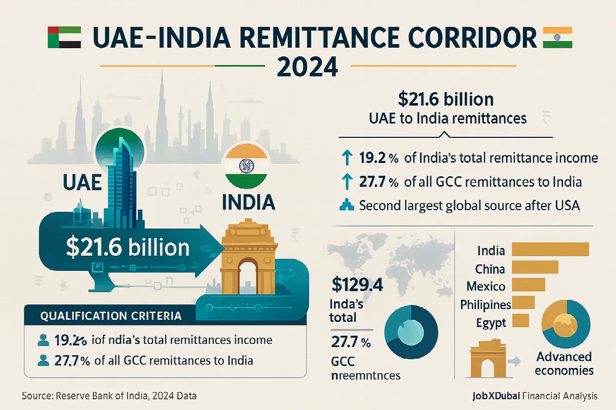 CopyUAE-India remittance corridor infographic showing $21.6 billion flow in 2024, representing 19.2% of India's record $129.4B total remittances and positioning UAE as GCC's top remittance source and second globally after the US
