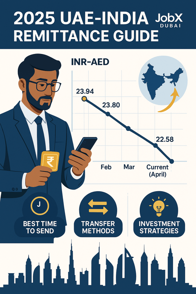 2025 UAE-India Remittance Guide showing INR-AED exchange rate trends from February (23.94) to April (22.58) with Dubai-based Indian professional checking rates on smartphone, transfer methods, and investment strategies for expatriates