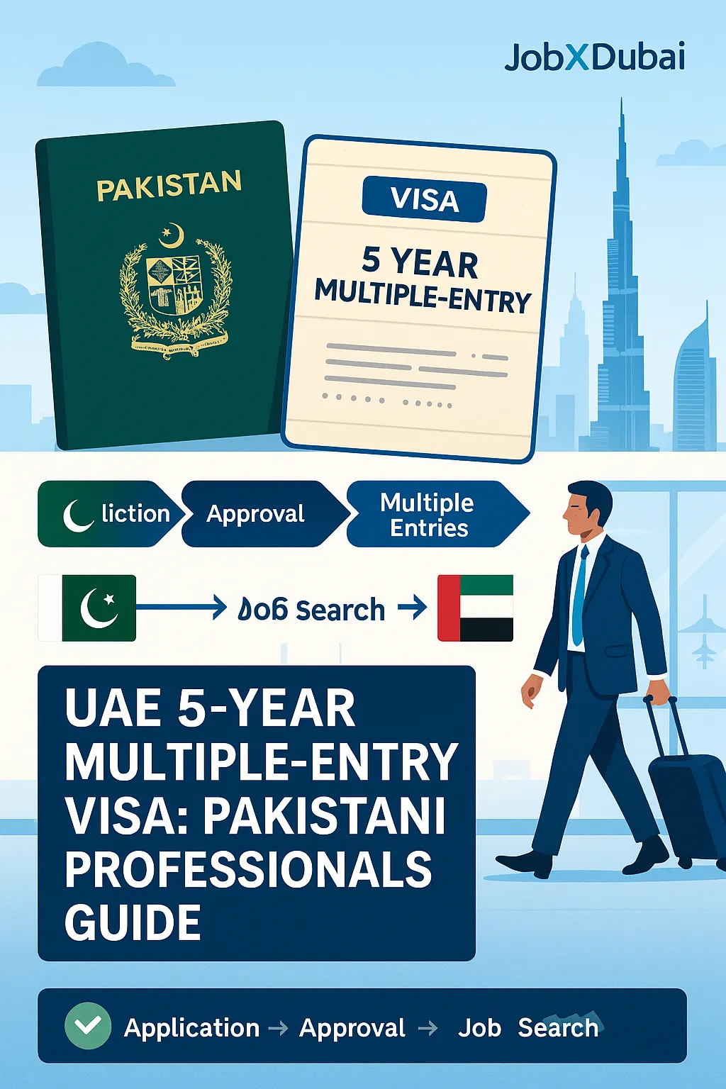 UAE 5-year multiple-entry visa guide for Pakistanis showing application process, documentation requirements, and strategic career opportunities with Dubai skyline and Pakistani passport visual elements
