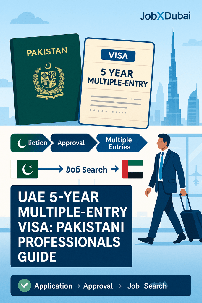 UAE 5-year multiple-entry visa guide for Pakistanis showing application process, documentation requirements, and strategic career opportunities with Dubai skyline and Pakistani passport visual elements