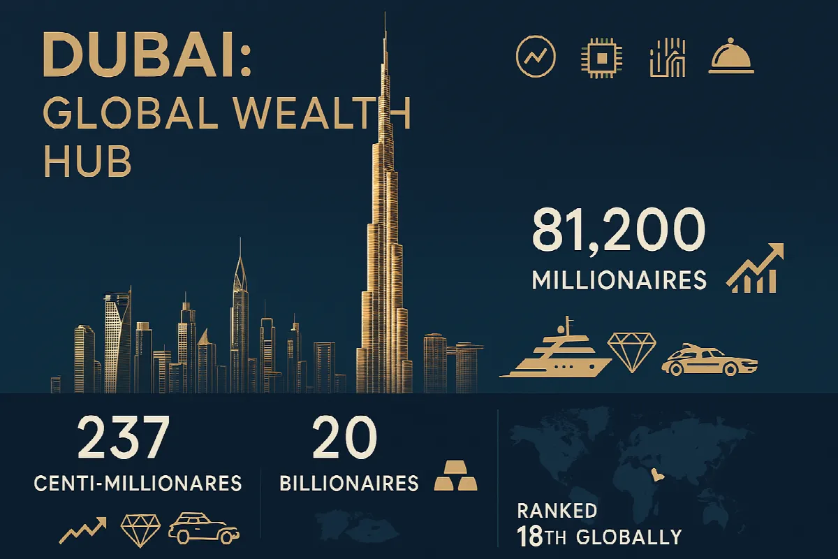 Dubai wealth hub infographic showing skyline with 81,200 millionaires, 237 centi-millionaires, and 20 billionaires, ranking 18th globally with visualizations of key growth sectors in finance, real estate, technology, and hospitalityRetryVK