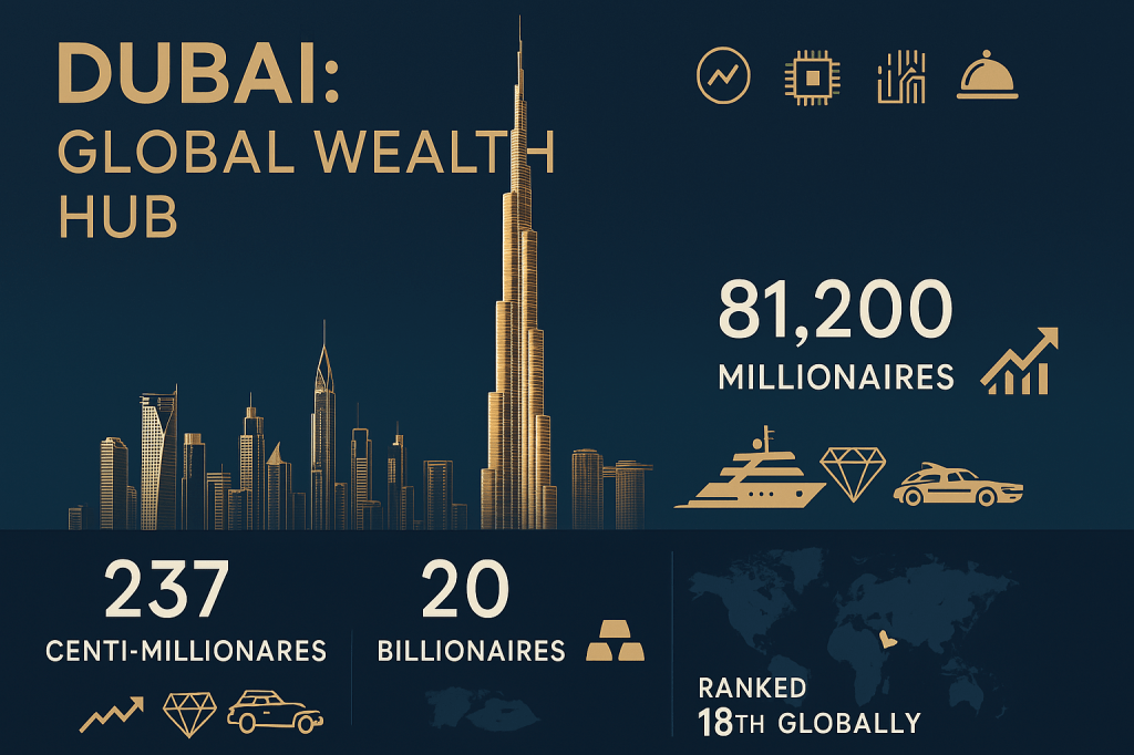 Dubai wealth hub infographic showing skyline with 81,200 millionaires, 237 centi-millionaires, and 20 billionaires, ranking 18th globally with visualizations of key growth sectors in finance, real estate, technology, and hospitalityRetryVK