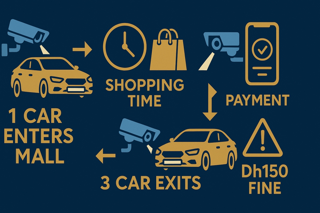 an informational graphic showing how the barrierless parking system works in 4 simple steps: 1) Car enters mall (camera scanning plate), 2) Shopping time with clock icon, 3) Car exits (another camera scanning), 4) Payment notification on phone. Use icons and arrows to show the process flow with clear labels. Include warning icon for the Dh150 fine. 