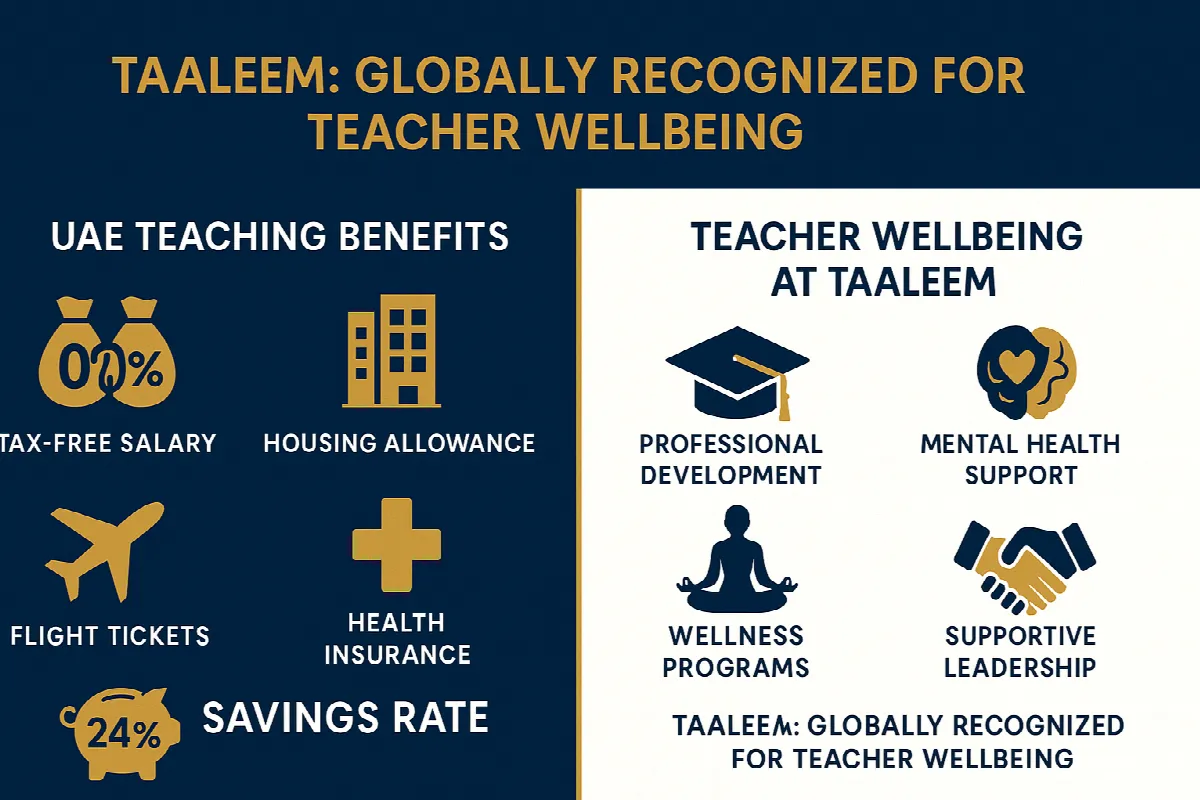 an informational graphic comparing teacher benefits in UAE vs Western countries. Split screen design with "UAE TEACHING BENEFITS" on left showing icons for: tax-free salary (money bags with 0% tax symbol), housing allowance (modern apartment building), flight tickets (airplane), health insurance (medical cross), and 24% savings rate (piggy bank). On right, "TEACHER WELLBEING AT TAALEEM" with icons representing: professional development (graduation cap), mental health support (brain with heart), wellness programs (yoga figure), and supportive leadership (handshake). Use blue and gold color scheme with clean, modern design. Include text "TAALEEM: GLOBALLY RECOGNIZED FOR TEACHER WELLBEING" at top.