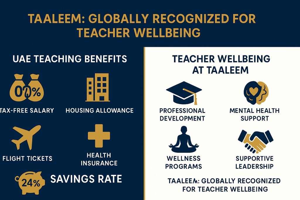 an informational graphic comparing teacher benefits in UAE vs Western countries. Split screen design with "UAE TEACHING BENEFITS" on left showing icons for: tax-free salary (money bags with 0% tax symbol), housing allowance (modern apartment building), flight tickets (airplane), health insurance (medical cross), and 24% savings rate (piggy bank). On right, "TEACHER WELLBEING AT TAALEEM" with icons representing: professional development (graduation cap), mental health support (brain with heart), wellness programs (yoga figure), and supportive leadership (handshake). Use blue and gold color scheme with clean, modern design. Include text "TAALEEM: GLOBALLY RECOGNIZED FOR TEACHER WELLBEING" at top.