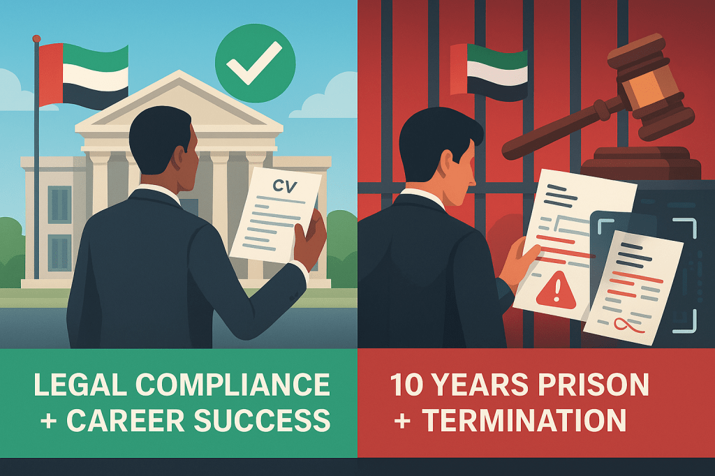 Contrasting paths for UAE job seekers: legal document submission leading to career success versus document forgery leading to imprisonment and termination