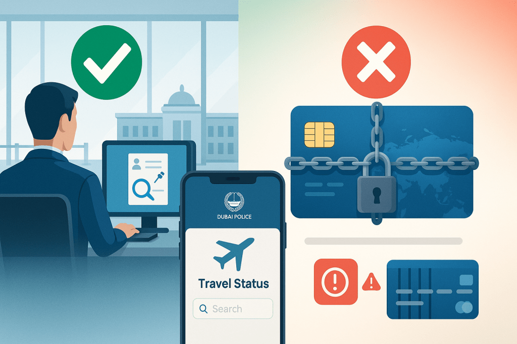 Visual representation of UAE travel ban verification process for credit card debt at airport immigration checkpoint