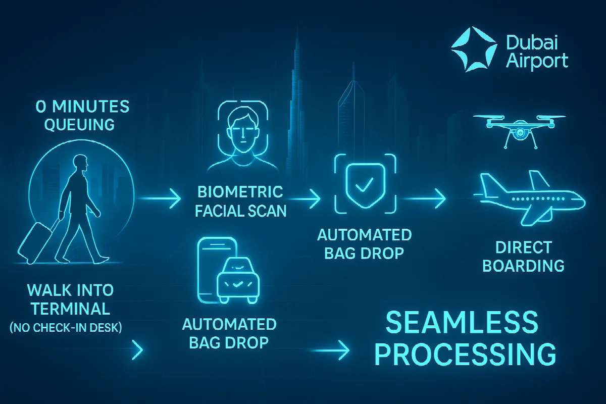  futuristic infographic showing a passenger's seamless journey through Dubai Airport