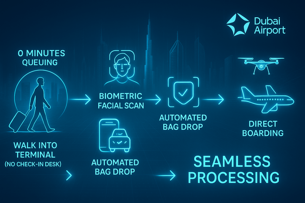  futuristic infographic showing a passenger's seamless journey through Dubai Airport