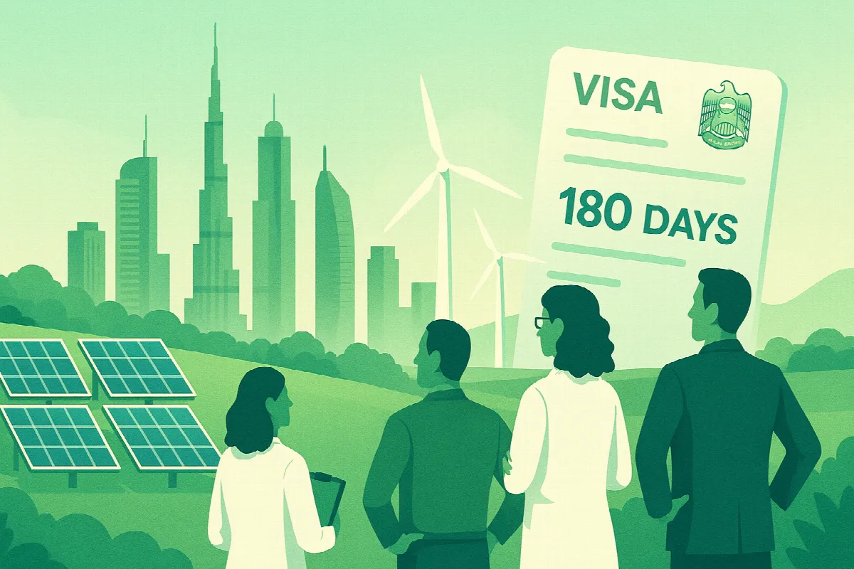 UAE 180-day entry visa for environmental professionals with sustainable energy skyline