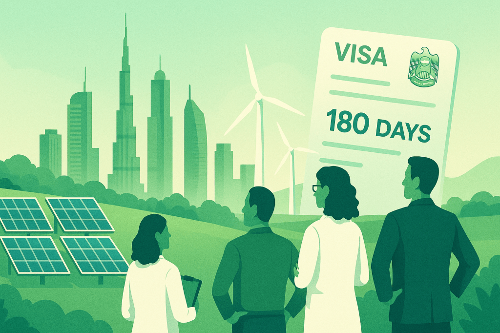 UAE 180-day entry visa for environmental professionals with sustainable energy skyline