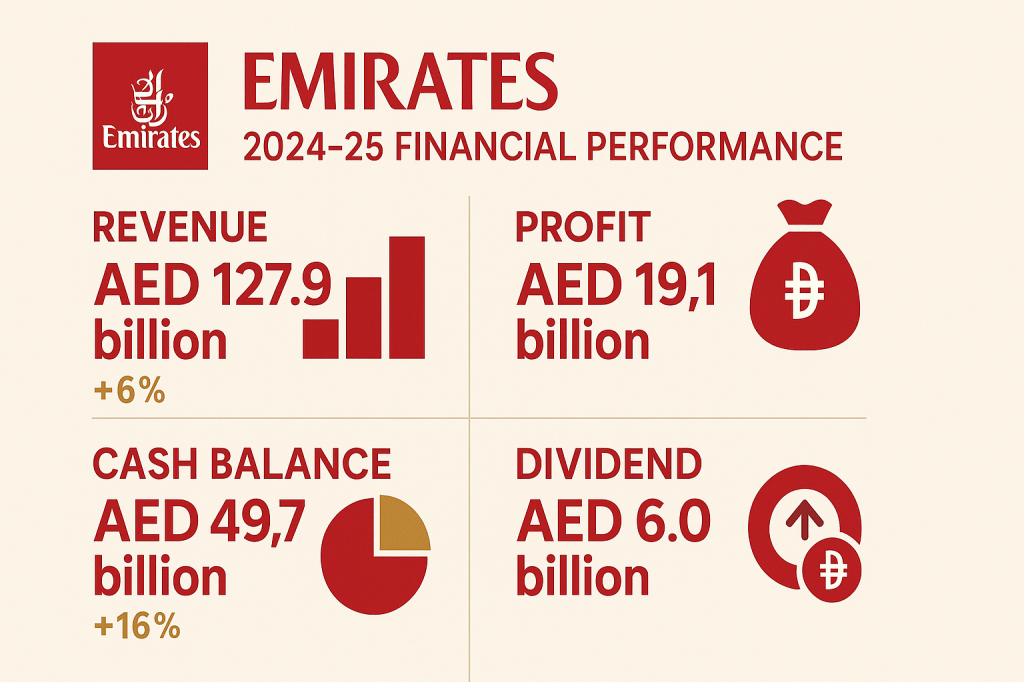Emirates 2024-25 financial performance infographic showing record revenue and profit figures