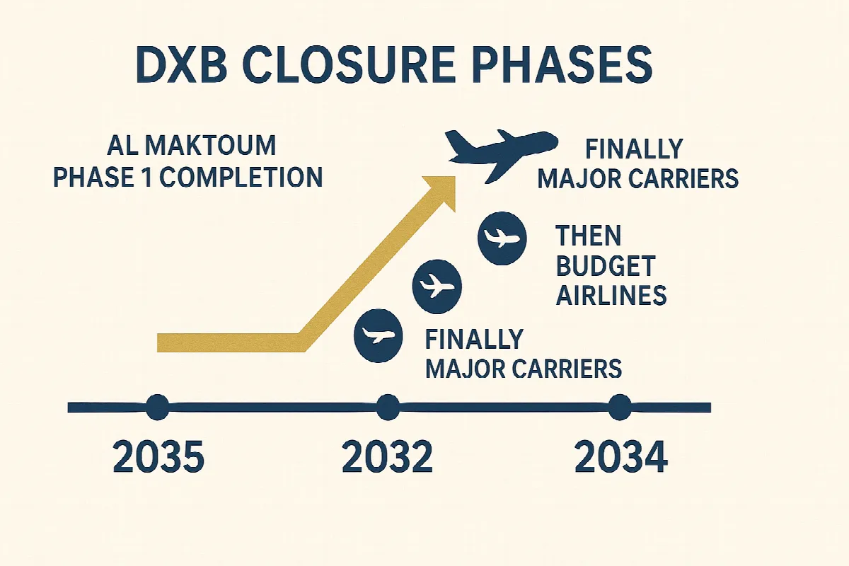 Dubai International Airport closure timeline showing transition phases to Al Maktoum International by 2034