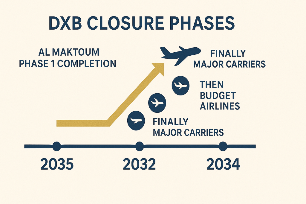 Dubai International Airport closure timeline showing transition phases to Al Maktoum International by 2034