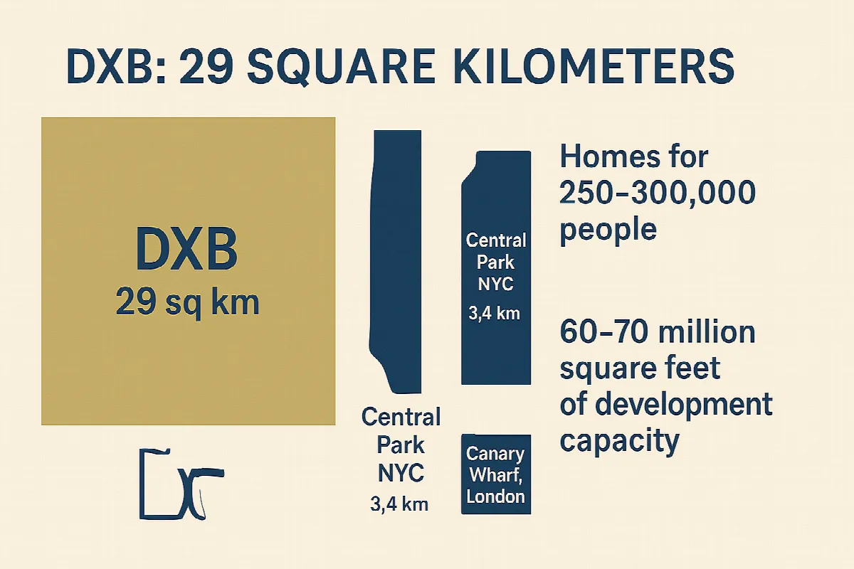 Dubai International Airport site scale comparison showing 29 square kilometers relative to major landmarks
