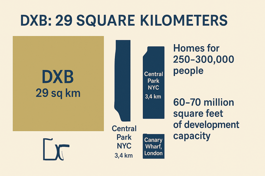 Dubai International Airport site scale comparison showing 29 square kilometers relative to major landmarks