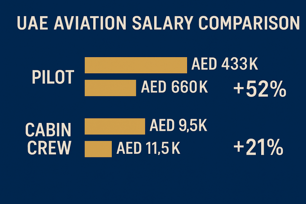 UAE aviation sector salary comparison chart showing ranges for pilots, cabin crew, and ground staff