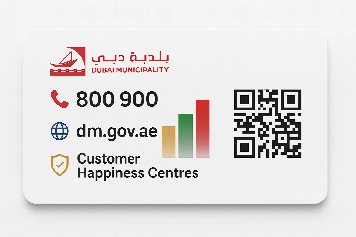Official Dubai Municipality contact information card for reporting fraudulent activities