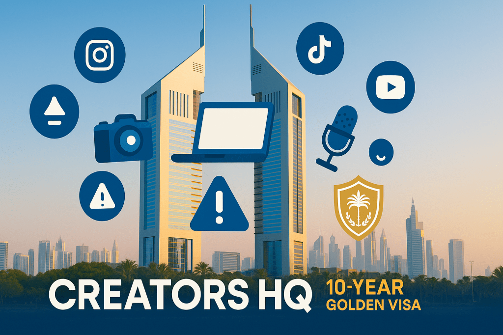 Dubai Creators HQ offering Golden Visa for content creators with Emirates Towers and digital content symbols