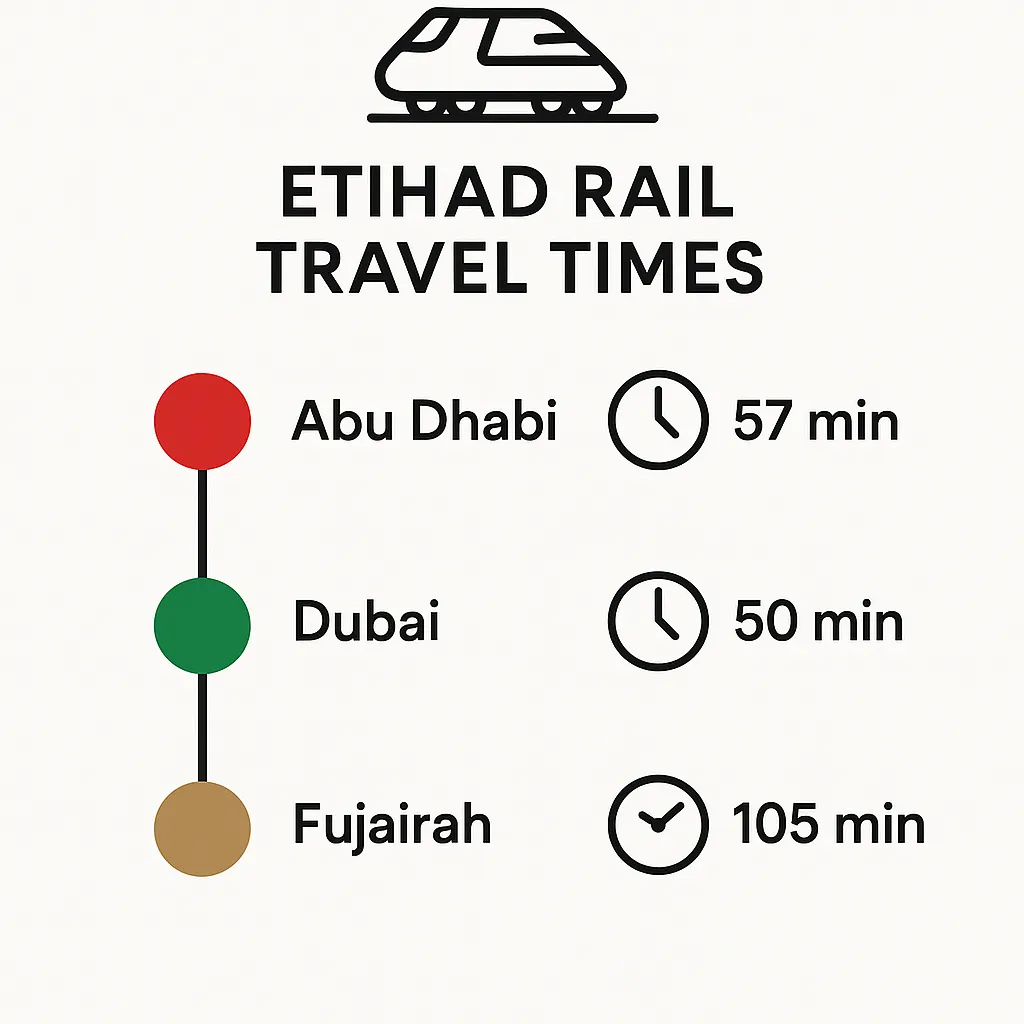 Etihad Rail travel times infographic showing journey durations between UAE emirates