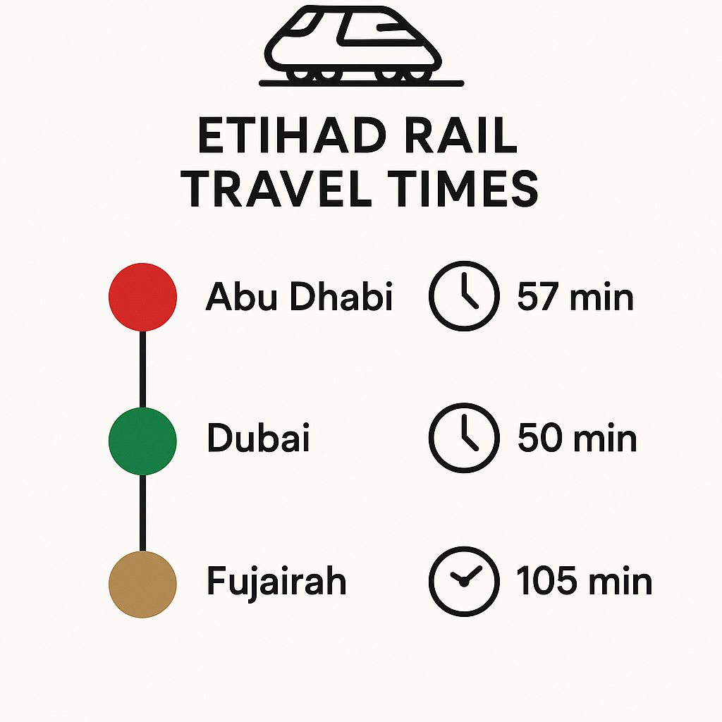 Etihad Rail travel times infographic showing journey durations between UAE emirates