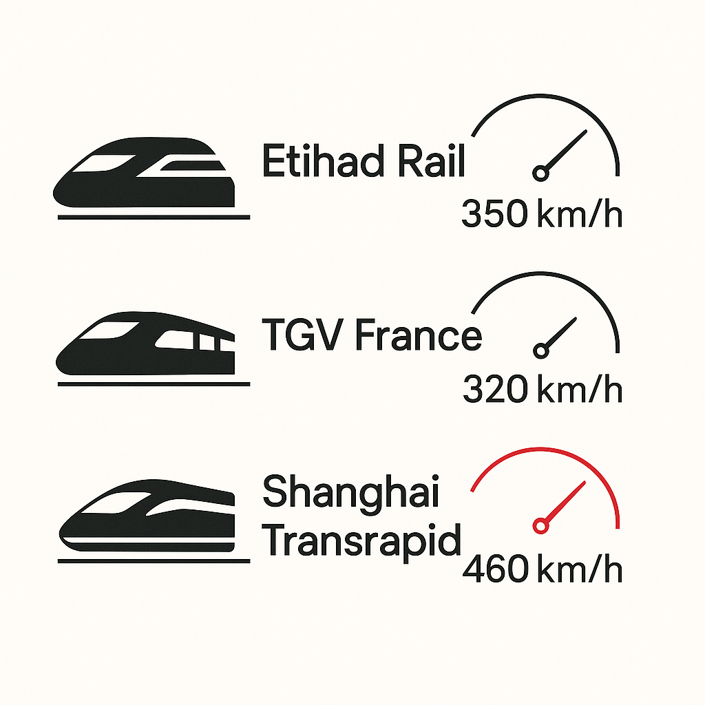 Speed comparison of Etihad Rail with other world-renowned high-speed trains