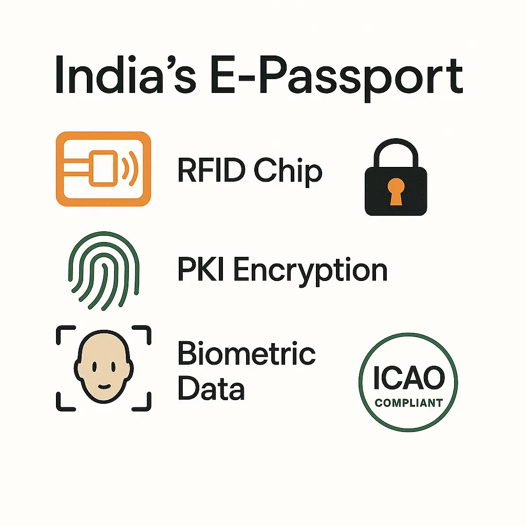India e-passport security features infographic showing RFID technology and biometric protection