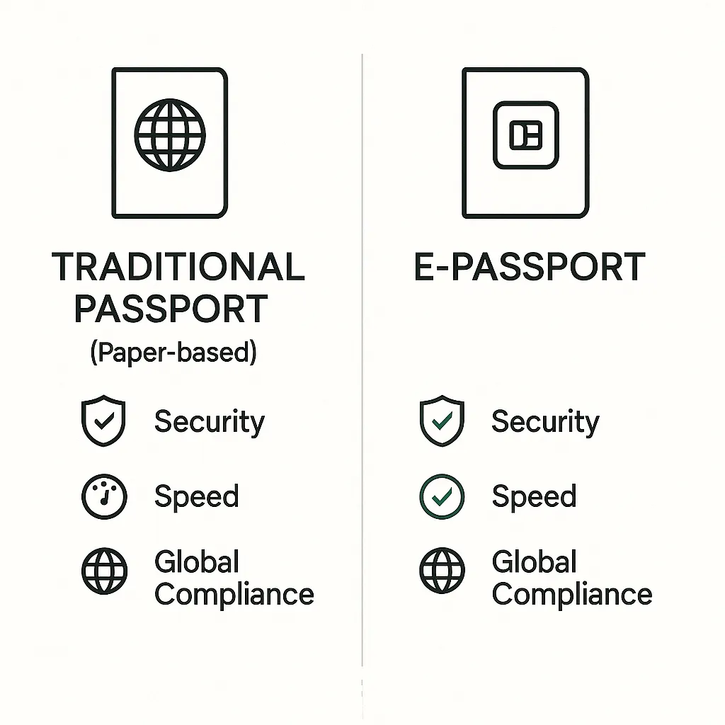Visual comparison between traditional Indian passport and new e-passport features