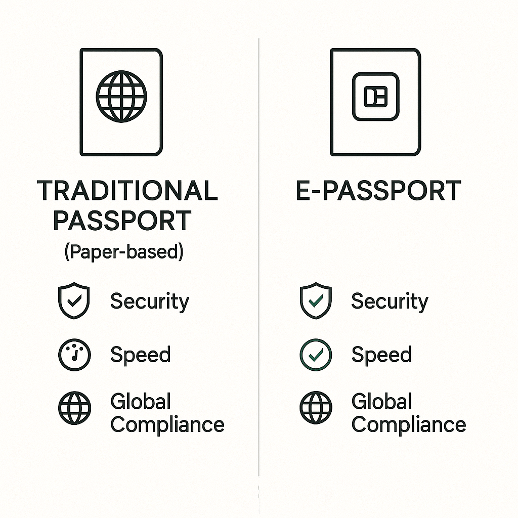 Visual comparison between traditional Indian passport and new e-passport features