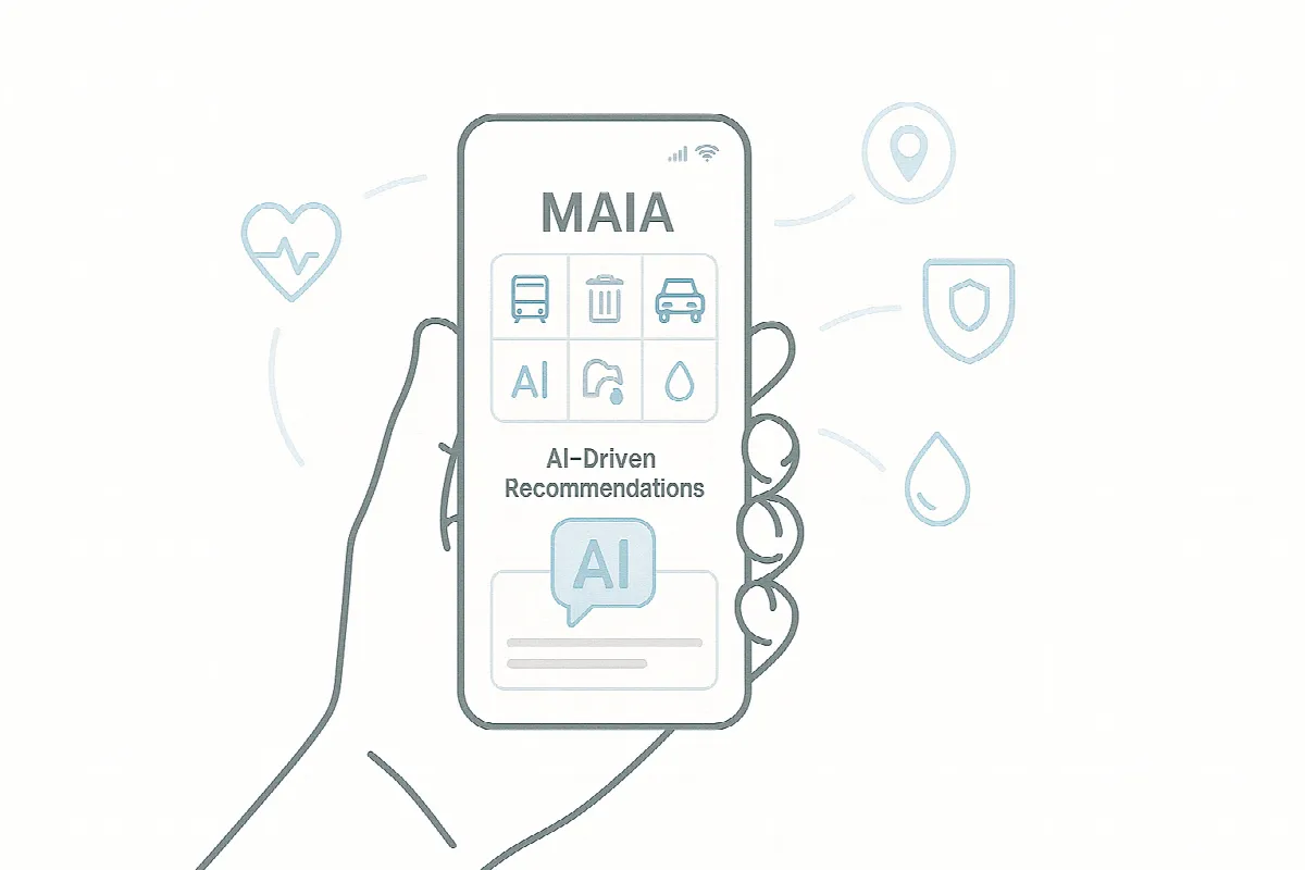 Person using the MAIA app interface to access Aion Sentia's AI-driven city services