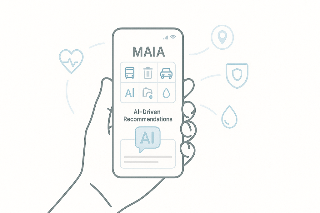 Person using the MAIA app interface to access Aion Sentia's AI-driven city services