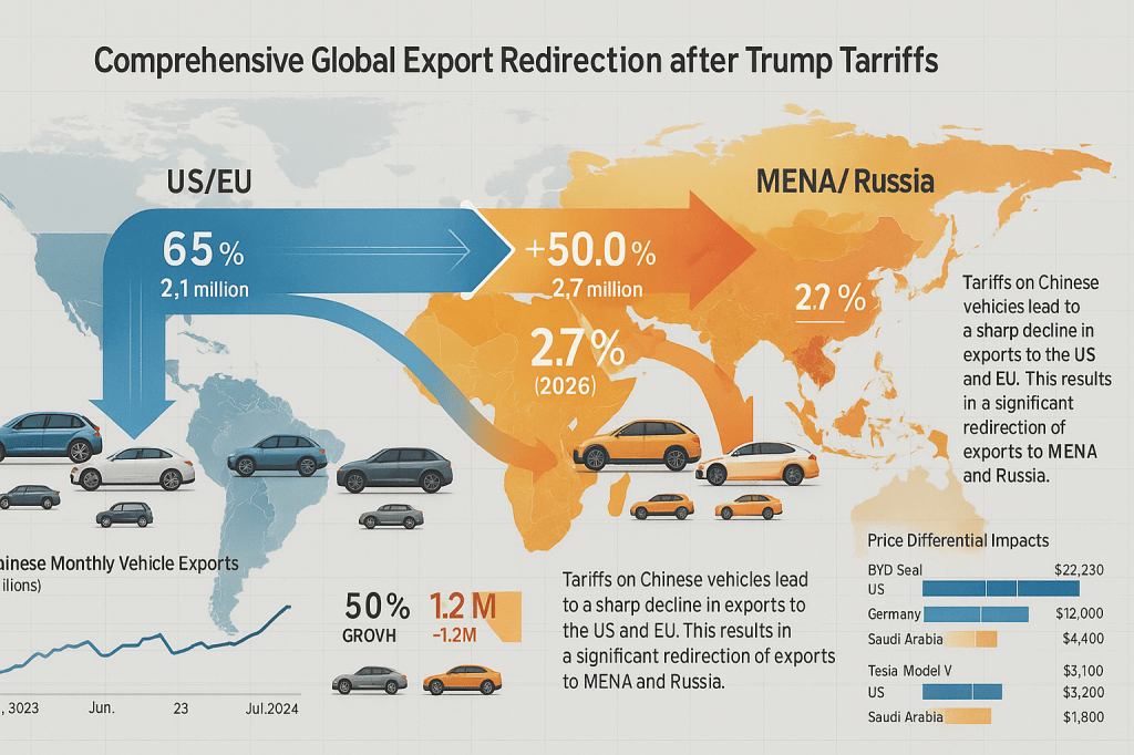 a comprehensive global trade flow diagram showing precise Chinese vehicle export redirection after Trump tariffs. Show exact export volumes with animated flow arrows sized proportionally to trade volume (measured in millions of units). Include detailed breakdown: initial 2024 flows with 65% to US/EU markets vs. 2026 projection with 65% to MENA/Russia. Use contrasting color schemes with blue gradient for US/EU flows and orange-to-red gradient for MENA flows.
