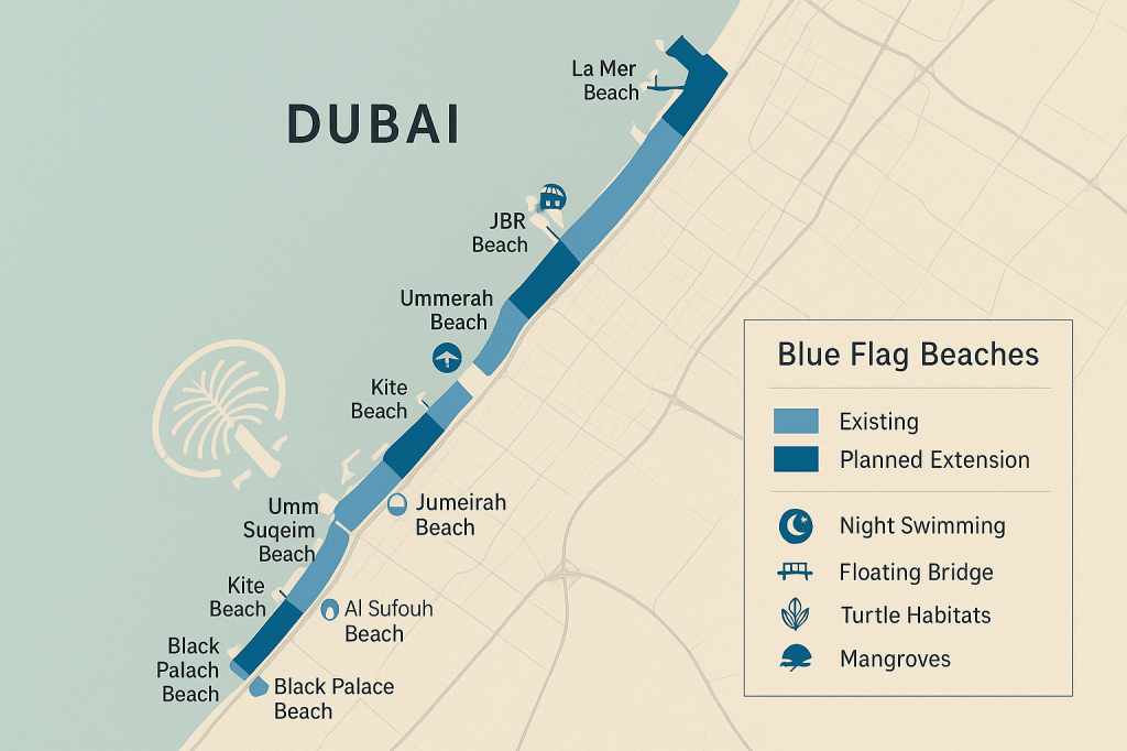 Detailed map of Dubai's eight Blue Flag beaches with the planned 400% expansion highlighted. Use a color-coded system showing existing beaches in one color and planned extensions in another. Include small icons indicating special features of each beach (night swimming, floating bridge, turtle habitats, mangroves, etc.).
