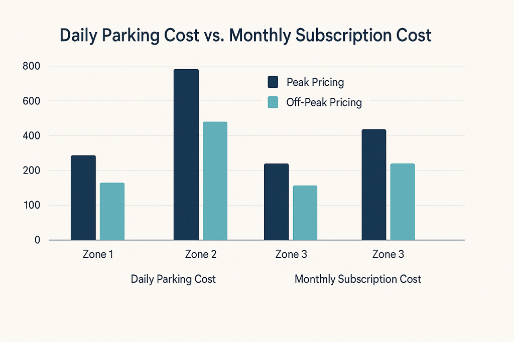 Infographic comparing daily parking costs vs. monthly subscription costs across different zones in Dubai