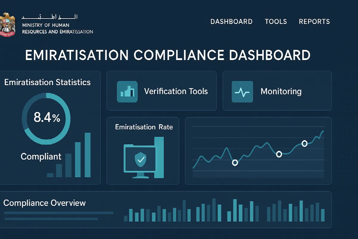 Digital dashboard showing Emiratisation compliance statistics and verification tools used by MoHRE