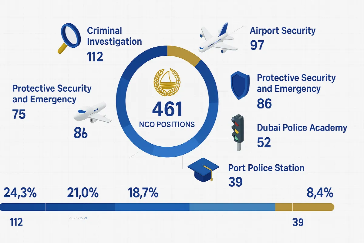 Infographic showing the distribution of 461 NCO positions across different Dubai Police departments