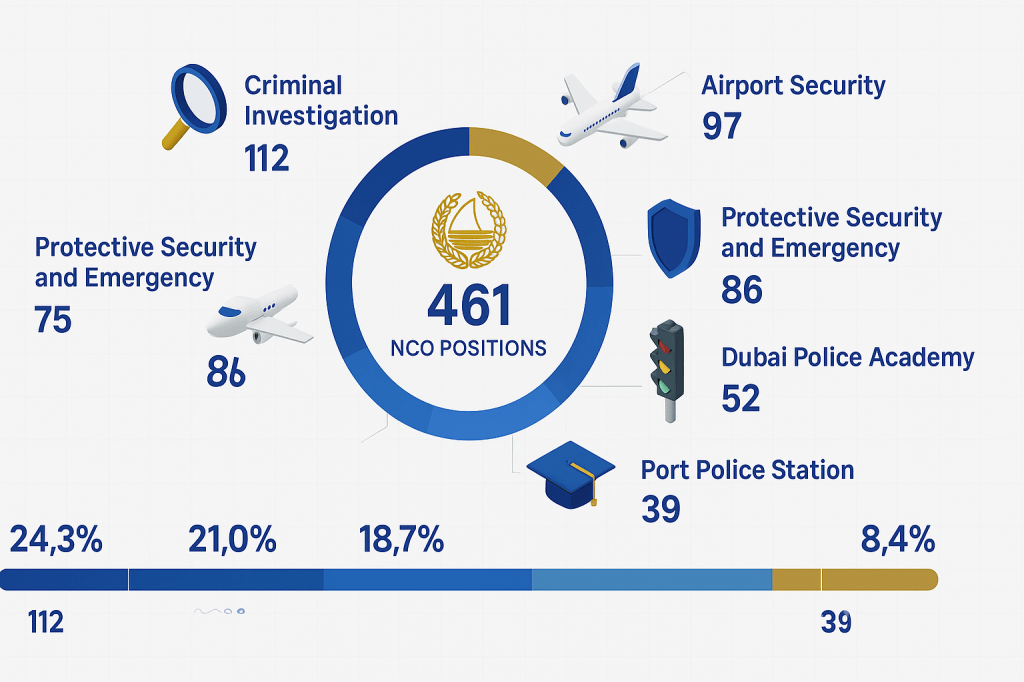 Infographic showing the distribution of 461 NCO positions across different Dubai Police departments