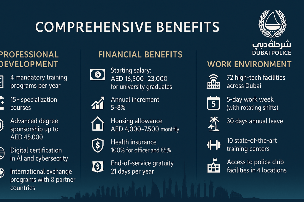 Visual representation of the key benefits of working with Dubai Police, including professional development, financial benefits, and work environment