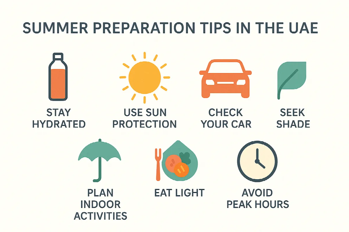 Visual guide showing essential summer preparation tips for UAE residents.

