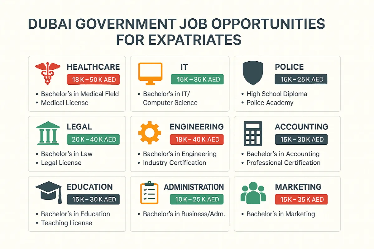 Visual breakdown of current government job opportunities in Dubai open to expatriates, with salary ranges and qualification requirements.