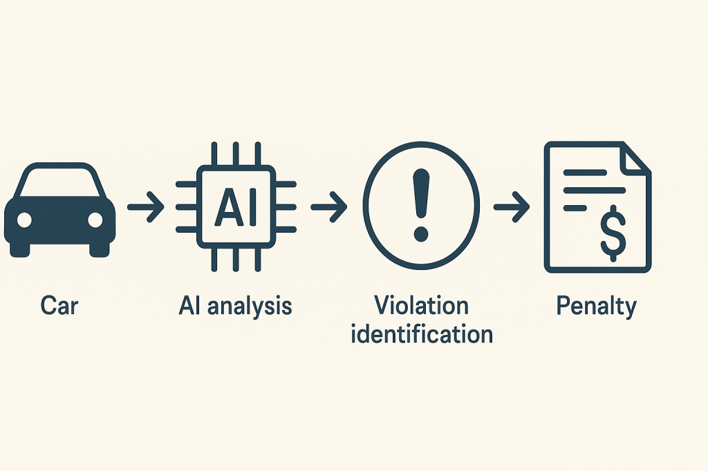 infographic showing AI detection process: car → AI analysis → violation identification → penalty, minimalist design with icons