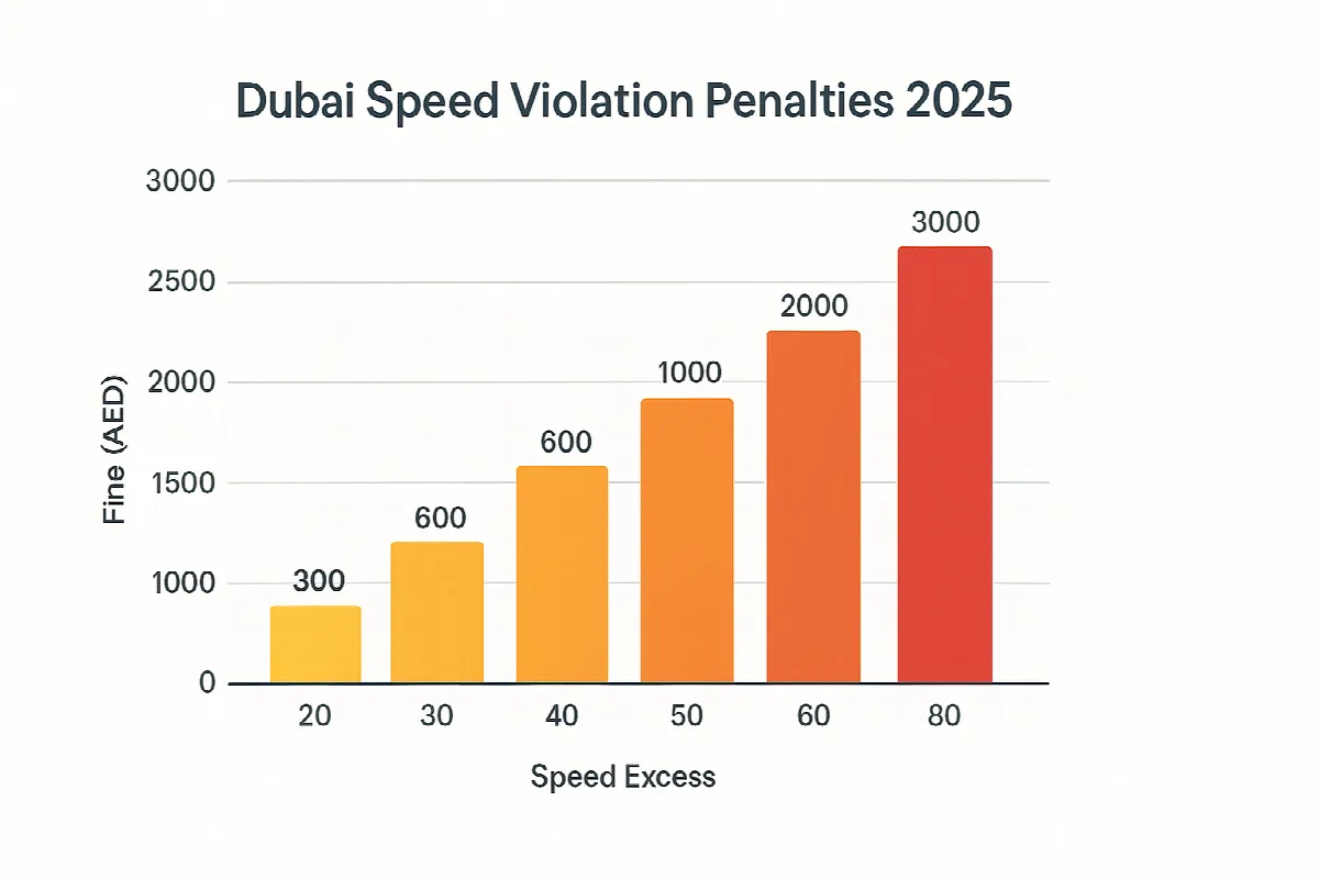 Bar chart displaying Dubai speed violation fines ranging from AED 300 to AED 3000